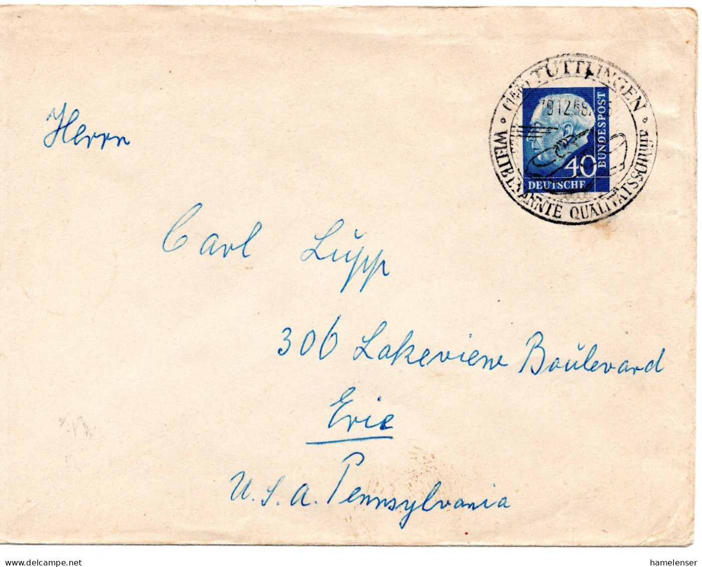 65071 - Bund - 1958 - 40Pfg Heuss II EF A Bf TUTTLINGEN - ... -> Erie, PA (USA) - Lettres & Documents