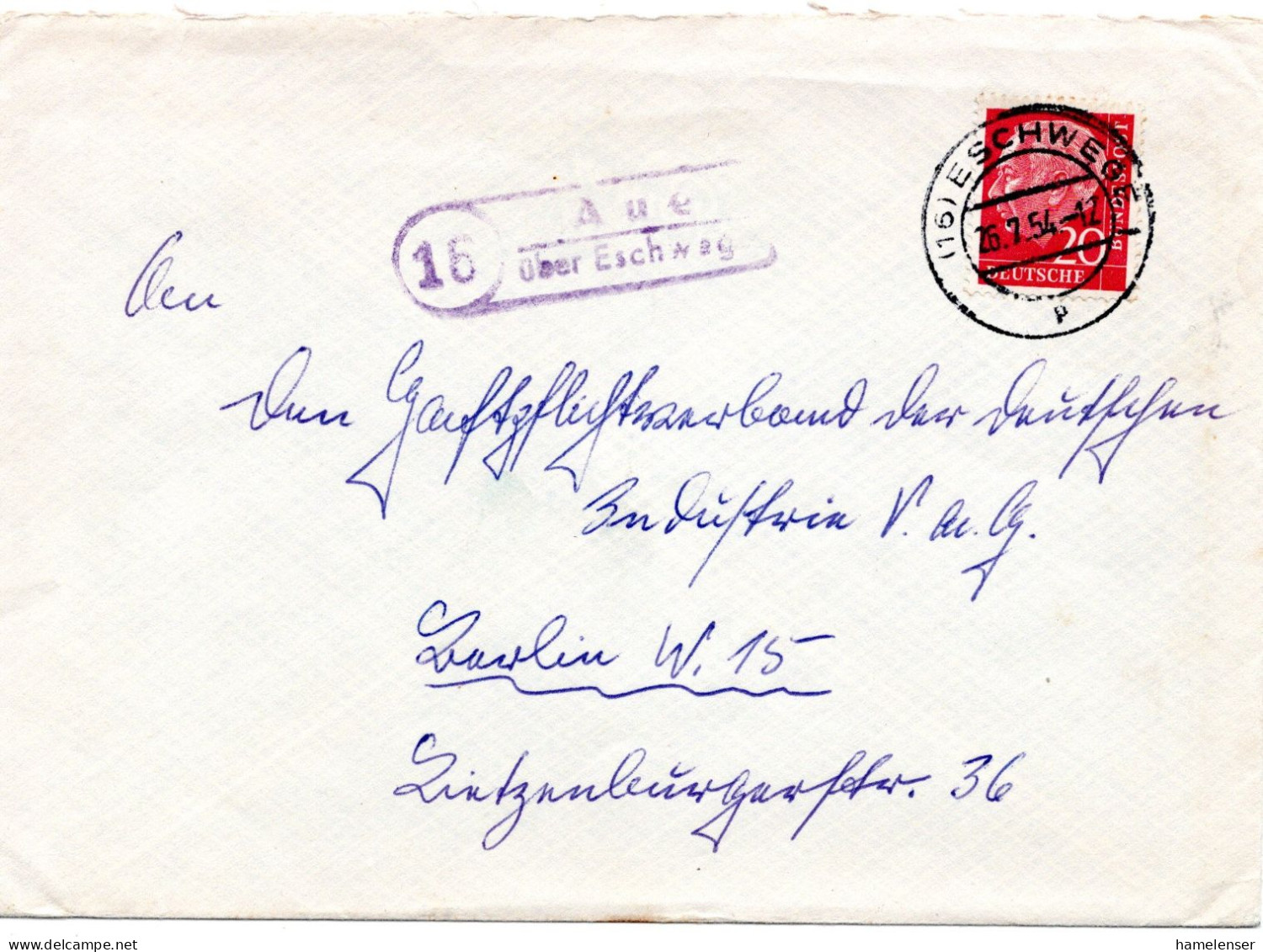 65078 - Bund - 1954 - 20Pfg Heuss I A Bf Landpoststpl AUE -> ESCHWEGE -> Berlin - Covers & Documents