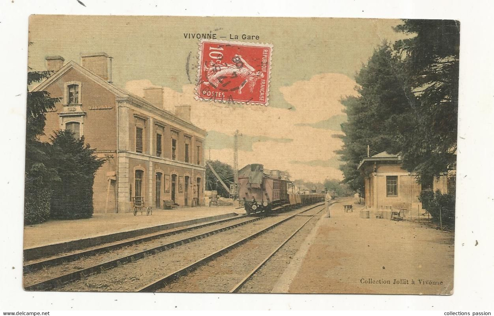 Cp, Chemin De Fer, La Gare Avec Train , 86, VIVONNE,  Voyagée 1908 - Estaciones Con Trenes