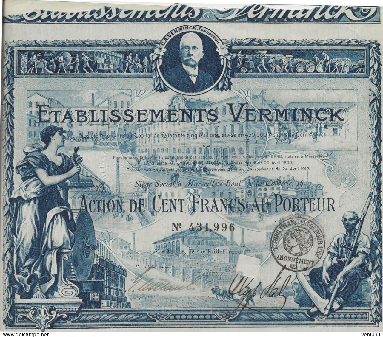 ETABLISSEMENT VERMINCK  - ACTION DE CENT FRANCS + TITRE DE CINQ ACTIONS -ANNEE 1920 - Parfums & Beauté