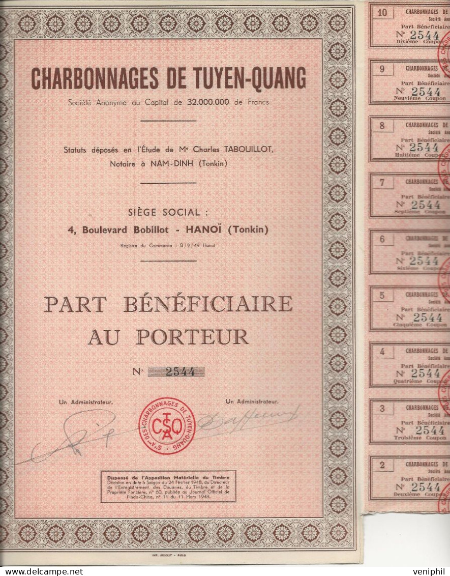 CHARBONNAGES DE TUYEN-QUANG - HANOI -TONKIN - LOT DE 4 PARTS BENEFICIAIRES- 1949 - Mijnen