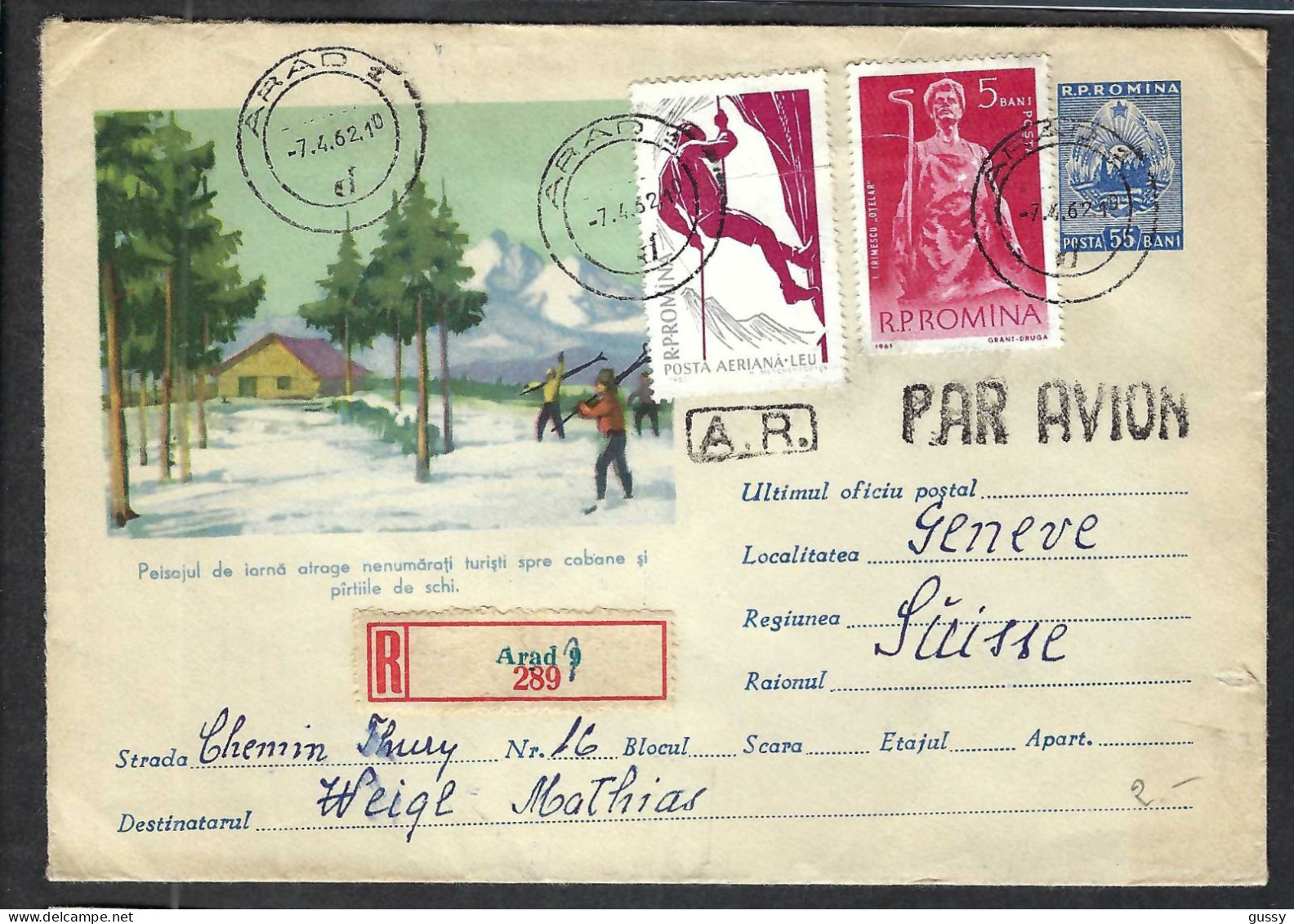 POLOGNE 1962: LSC Rec. P.A. De Arad Pour Genève - Covers & Documents