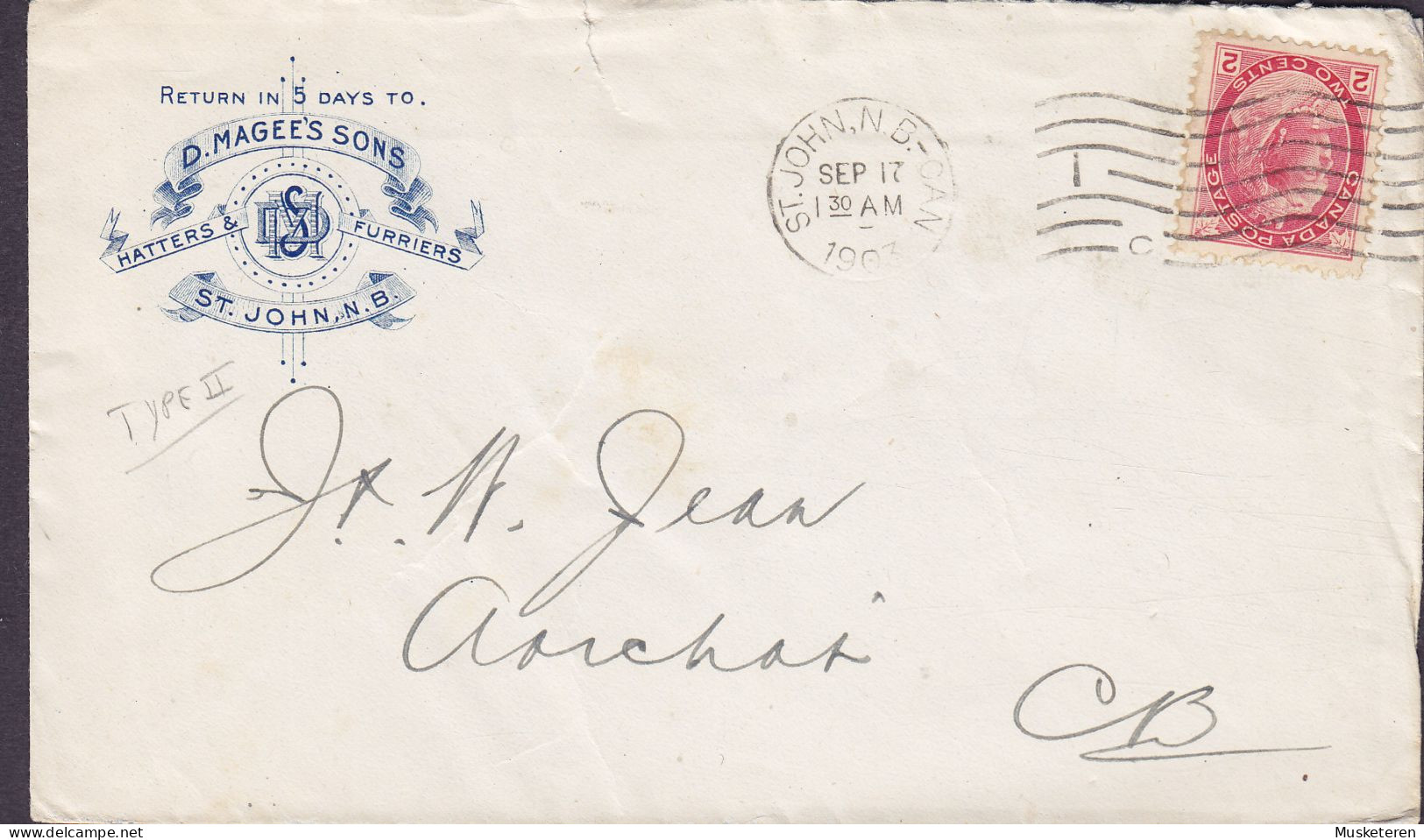 Canada D. MAGEE's SONS, ST. JOHN, New Brunswick 1903 Cover Lettre ARICHAT 2c. Victoria Stamp - Covers & Documents