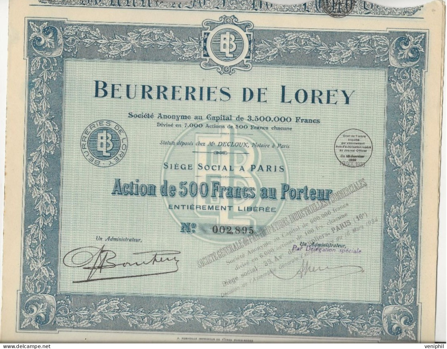 LOT DE 3 ACTIONS DE 500FRS BEURRERIES DE LOREY - ANNEE 1930 - Agriculture