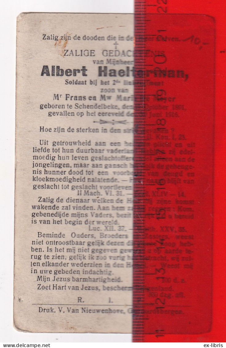 SCHENDELBEKE - EREVELD - Albert Haelterman ° Schendelbeke 19/10/1891 † Ereveld 30/06/1916, Soldaat 2e Linieregiment - Documents