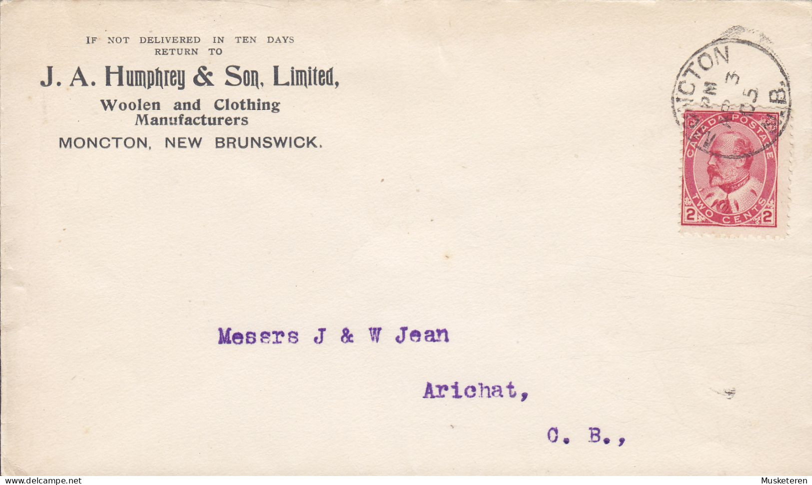 Canada J. A. HUMPHREY & SON Ltd. Woolen Manufacturers, MONCTON New Brunswick 1905 Cover Lettre ARICHAT (Arr.) Edw. VII. - Lettres & Documents