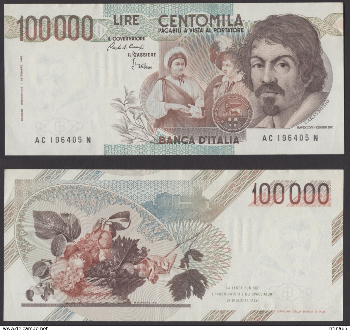 ITALIA 1983 LIRE 100.000 CARAVAGGIO I° TIPO DECRETO 25/10/1983 - 100000 Lire