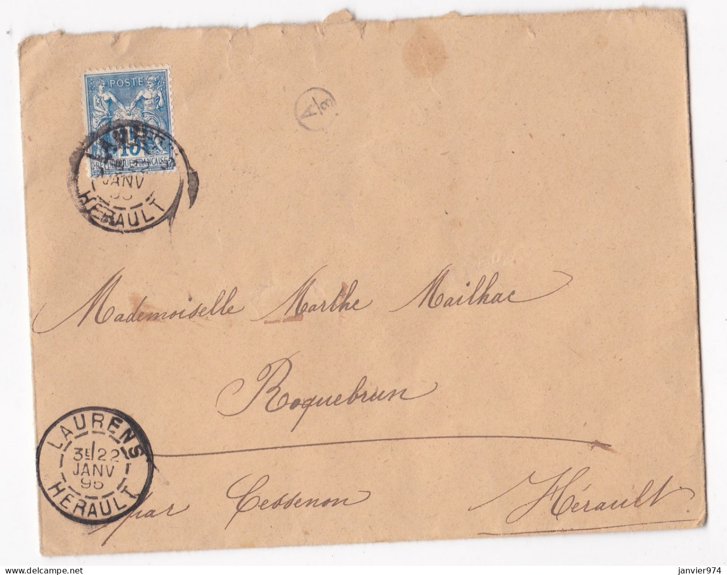 Enveloppe 1896 Cachets Laurens, Cessenon , Beziers, Pour Marthe Mailhac à Roquebrun - 1876-1898 Sage (Type II)