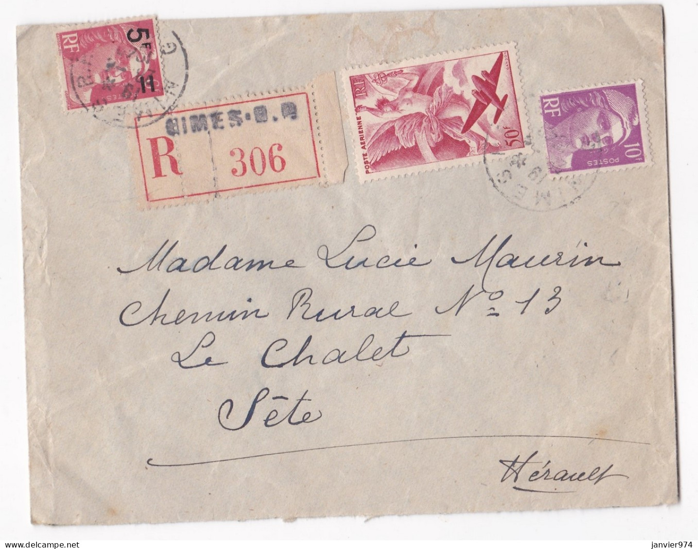 Enveloppe 1949 De Nimes Gard Pour Mme L. Maurin à Sete Hérault - Storia Postale