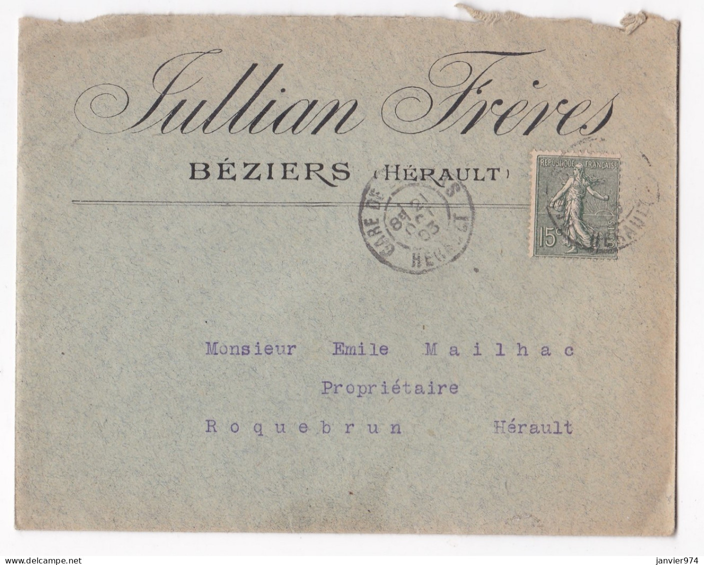 Enveloppe 1903 , Jullian Frères Beziers, Hérault, Bouillie Bordelaise Céleste à Poudre Unique - Cartas & Documentos