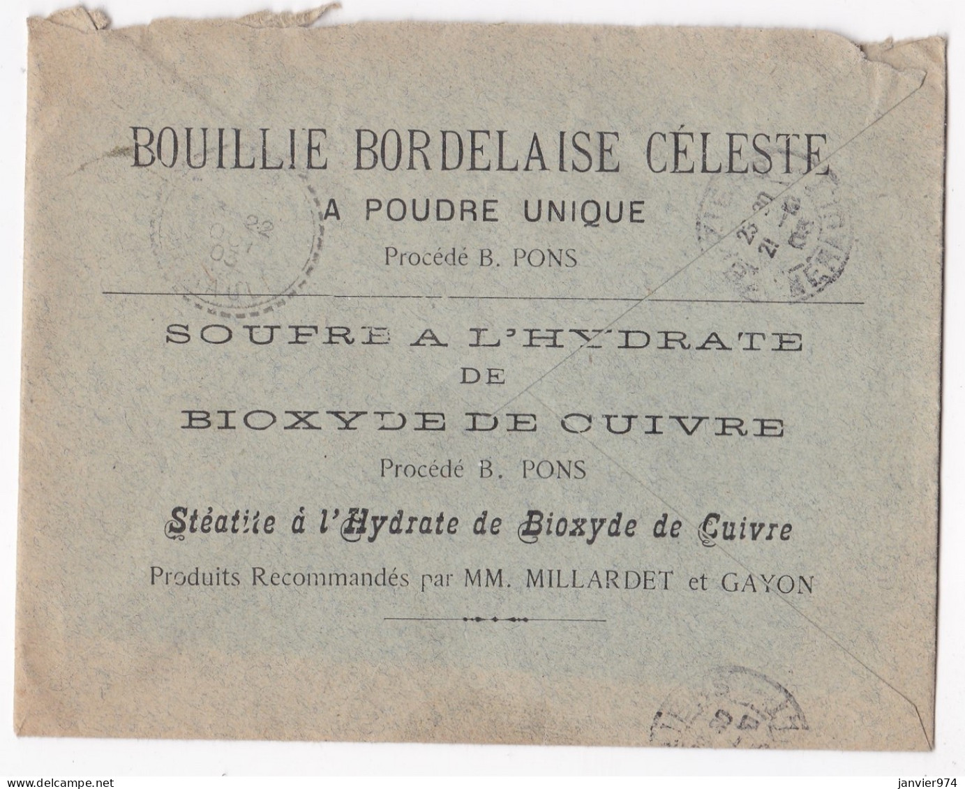Enveloppe 1903 , Jullian Frères Beziers, Hérault, Bouillie Bordelaise Céleste à Poudre Unique - Covers & Documents