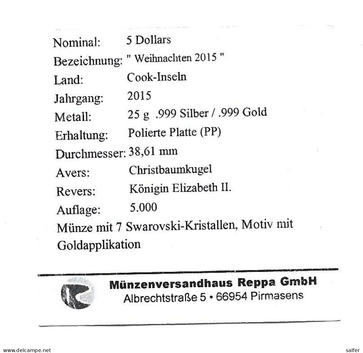 ISOLE COOK 2015  DOLLARI 5  "NATALE"  ARGENTO E ORO PROOF - Cookeilanden