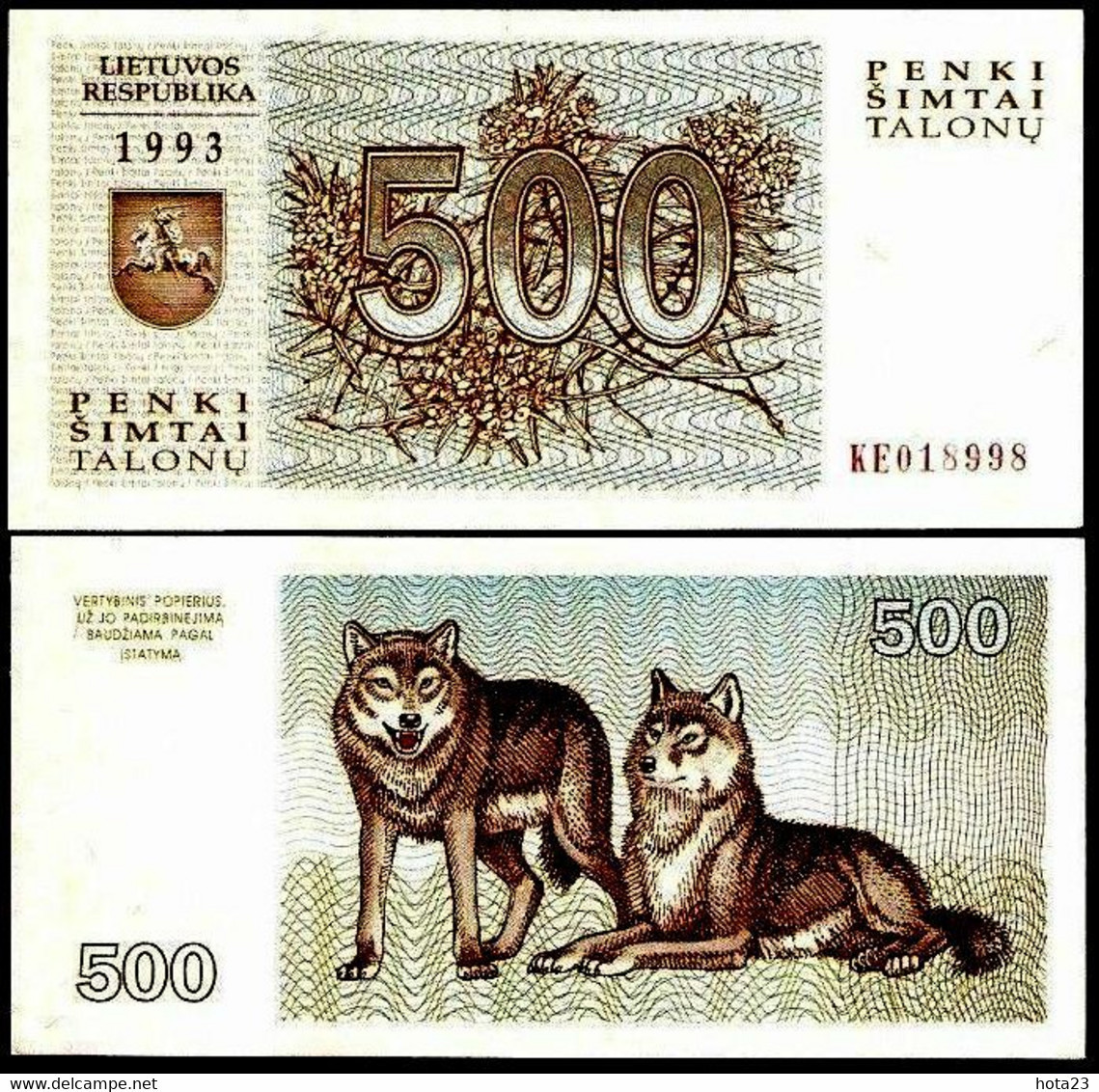 (!) Lithuania, 500 Talonas 1993, P-46, EX-USSR, UNC > Wolves - Lituanie