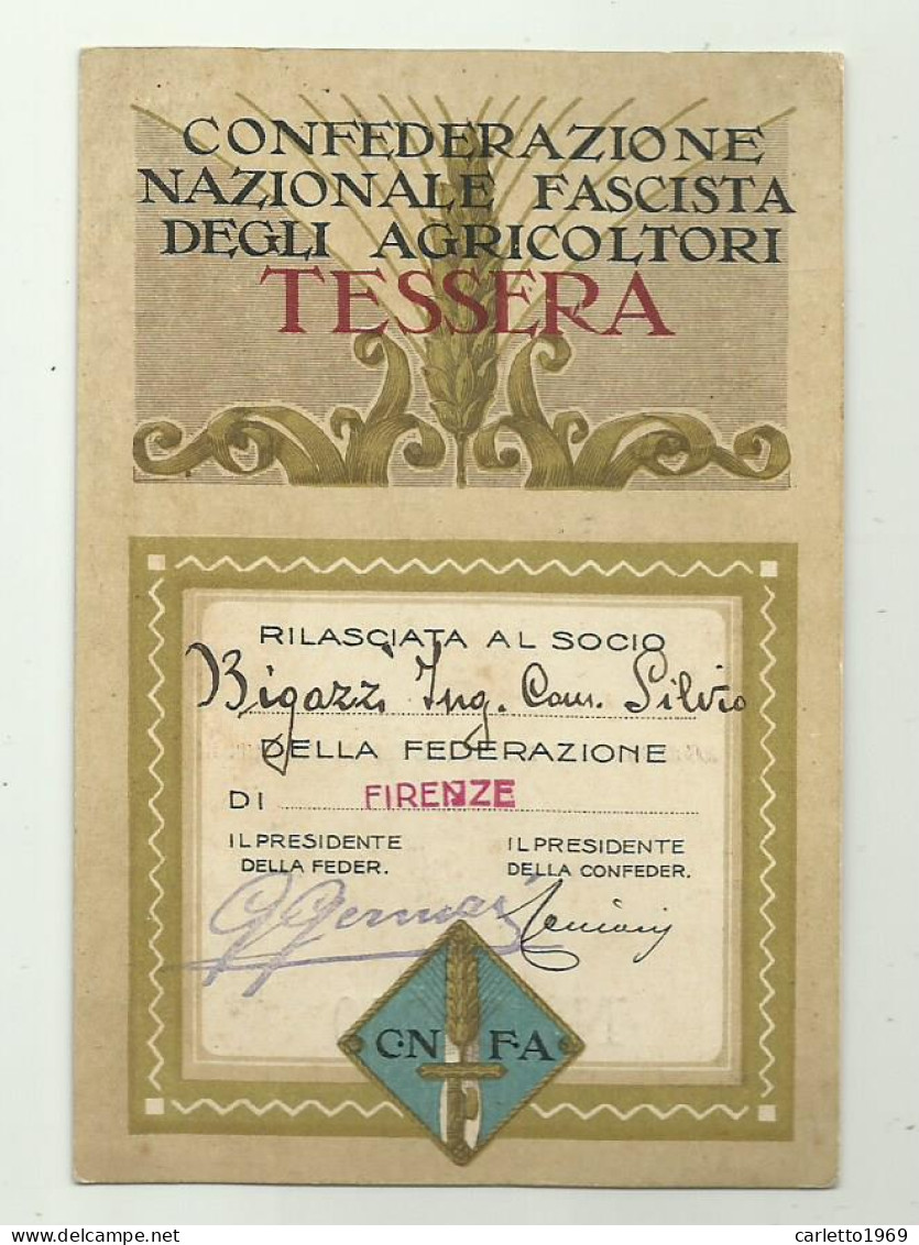 TESSERA CONFEDERAZIONE NAZ. FASCISTA DEGLI AGRICOLTORI 1930 FIRENZE - Mitgliedskarten