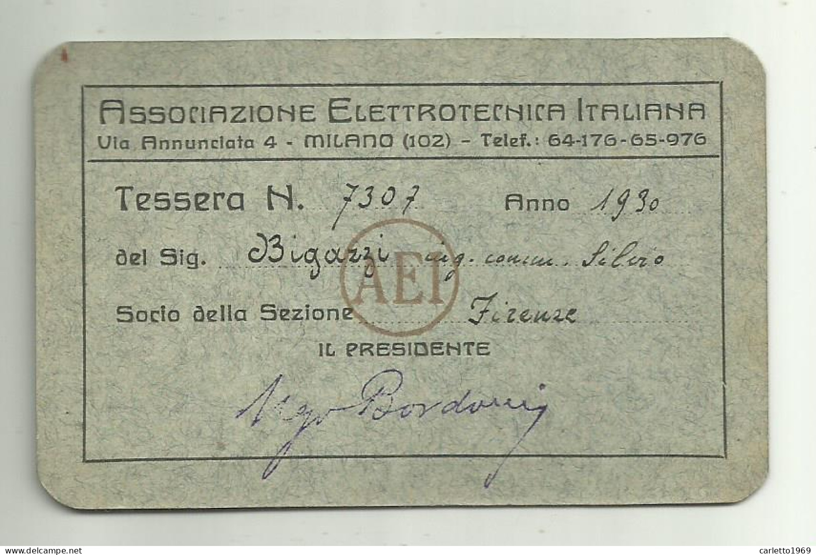 TESSERA ASSOCIAZIONE ELETTRONICA ANNO  1930 - Cartes De Membre