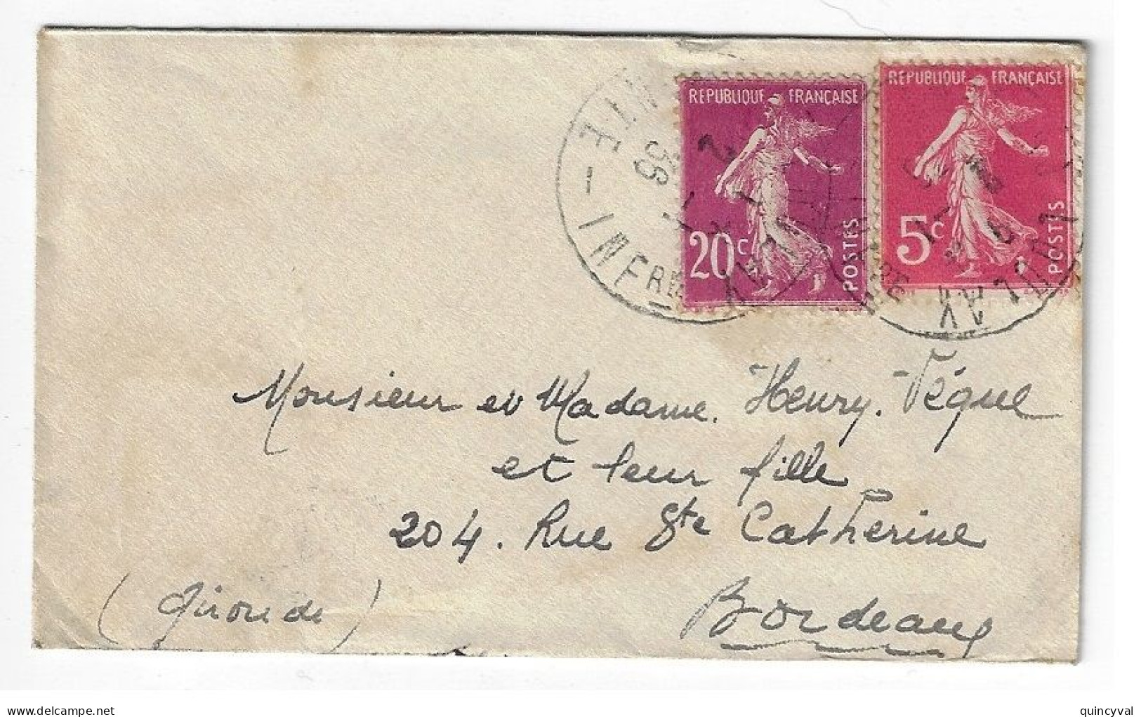 Enveloppe Carte De Visite Mignonnette Semeuse 5c Rose 20c Brun Rouge Yv 139 278B Ob 2 1 1936 - Lettres & Documents