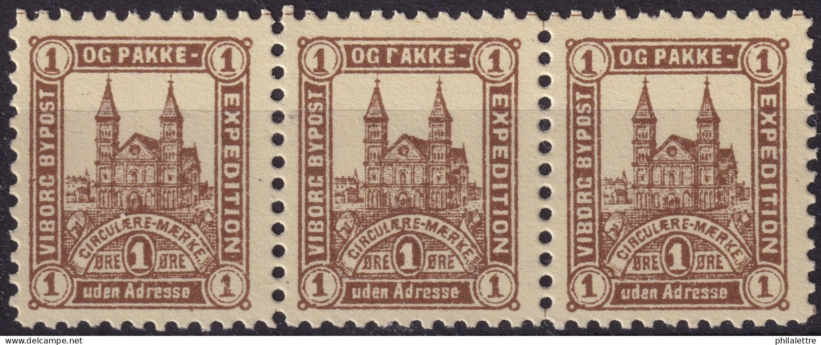 DANEMARK / DENMARK - 1888 - VIBORG K.Mathiassen Local Post Strip Of 3x 1 øre Brown - No Gum - Ortsausgaben