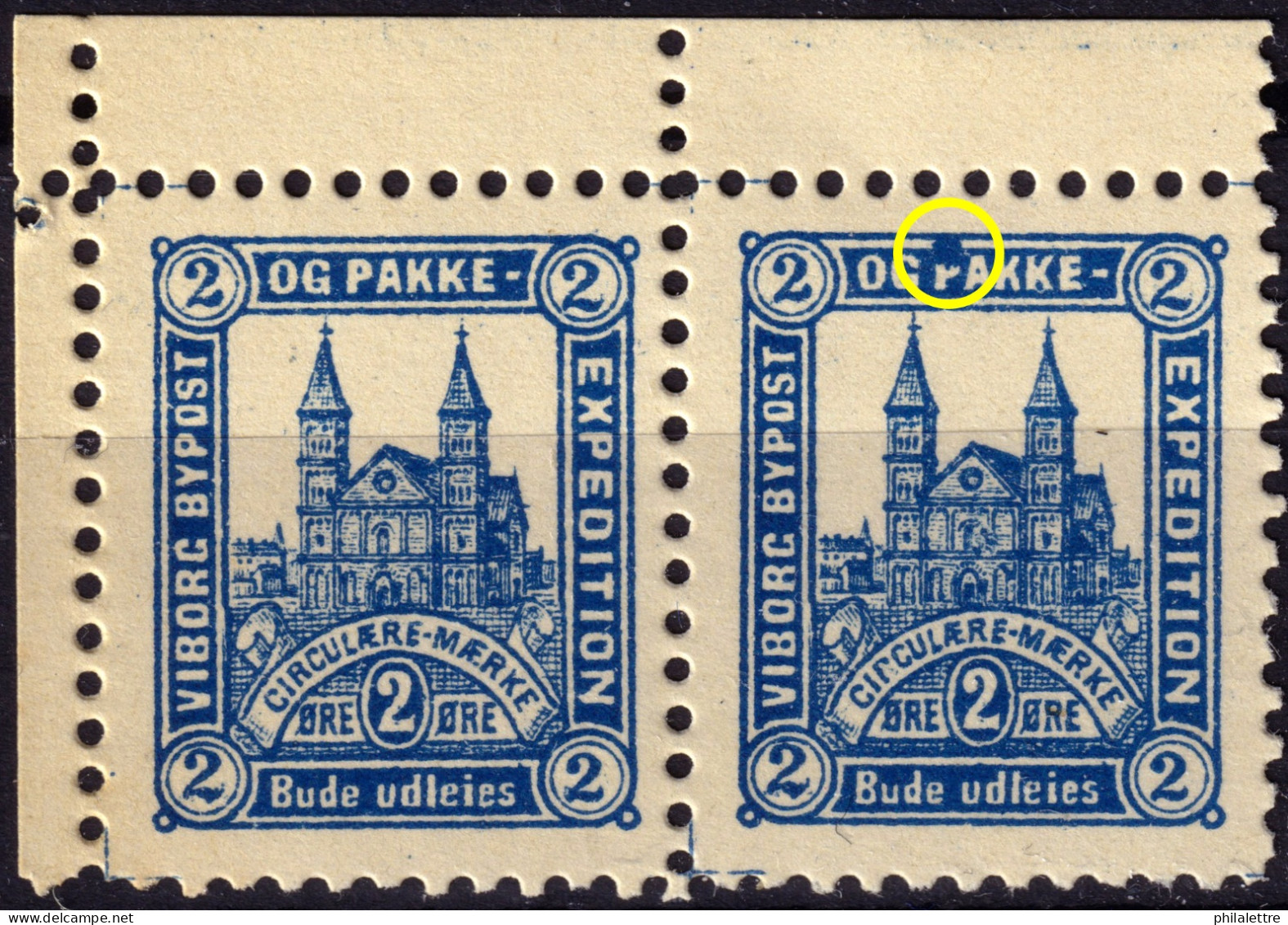 DANEMARK / DENMARK - 1888 - VIBORG K.Mathiassen Local Post 2 øre Blue (spot On "P") In Pair With Normal - No Gum - Lokale Uitgaven