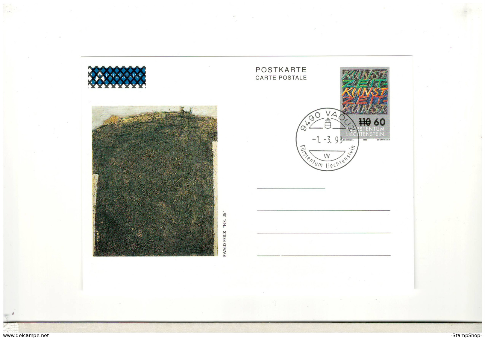 1993 Liechtenstein - Vaduz Postmark, Art, Overprint With Lower Value - Postcard - BX2043 - Lettres & Documents