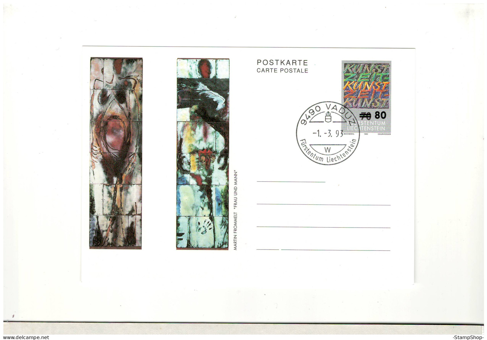 1993 Liechtenstein - Vaduz Postmark, Art, Overprint With Higher Value - Postcard - BX2049 - Lettres & Documents
