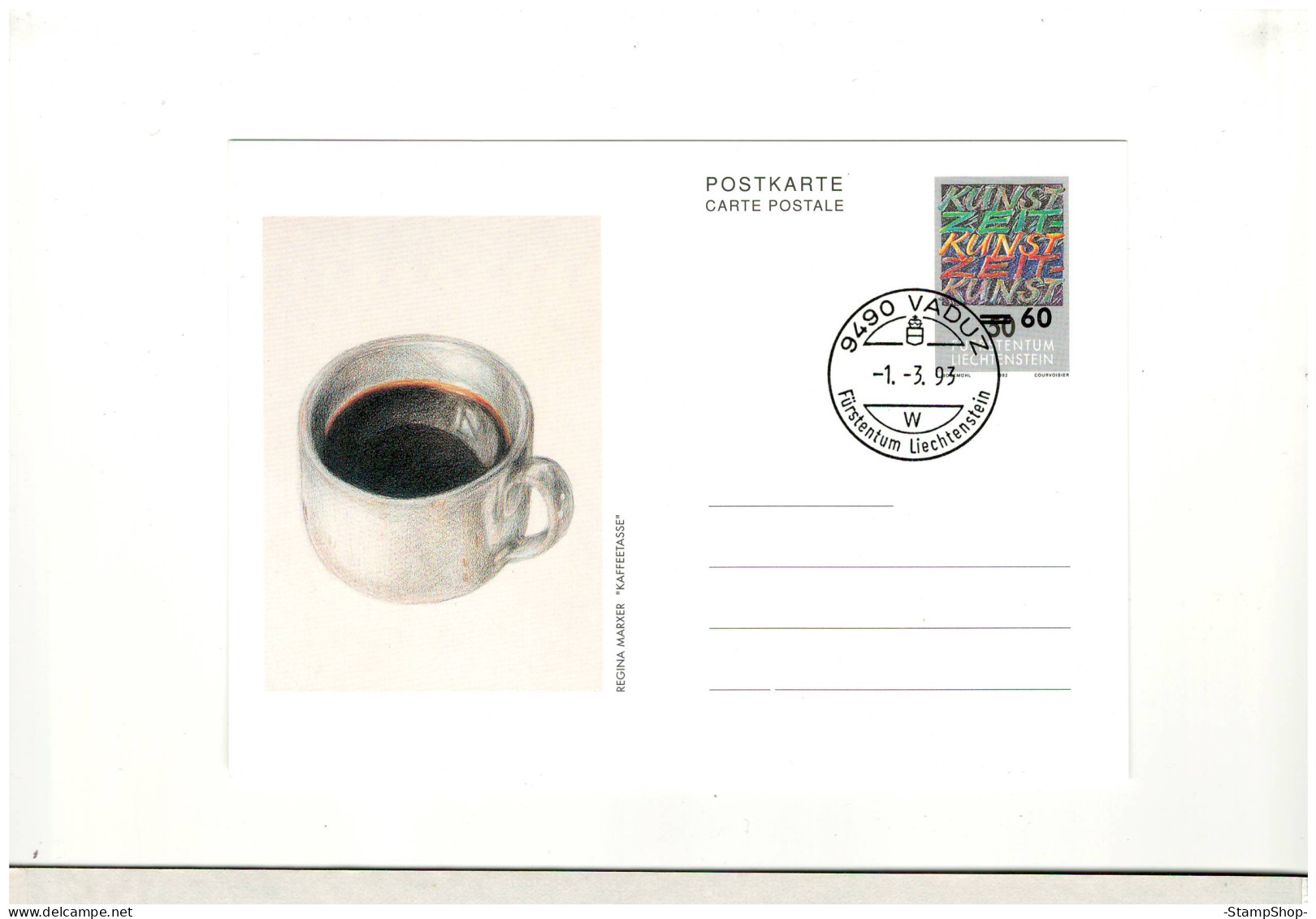 1993 Liechtenstein - Vaduz Postmark, Art, Overprint With Higher Value - Postcard - BX2052 - Cartas & Documentos