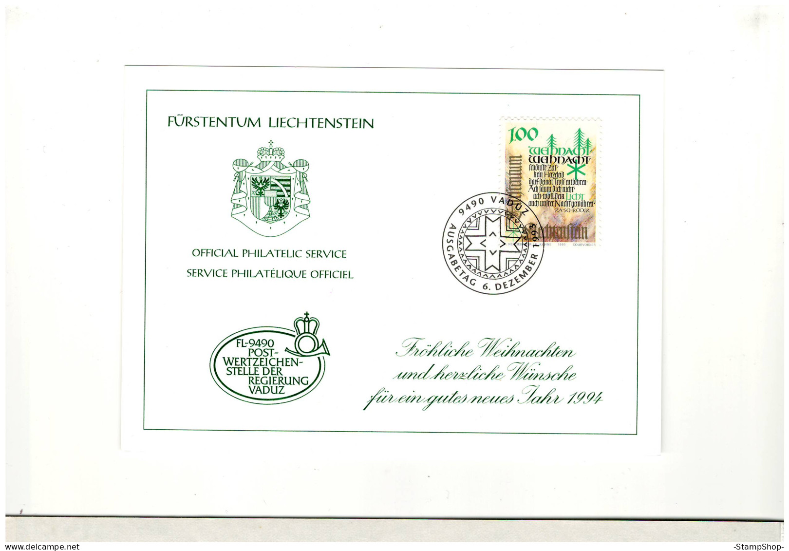1993 Liechtenstein - Christmas Card - First Day Postmark - - BX2060 - Briefe U. Dokumente