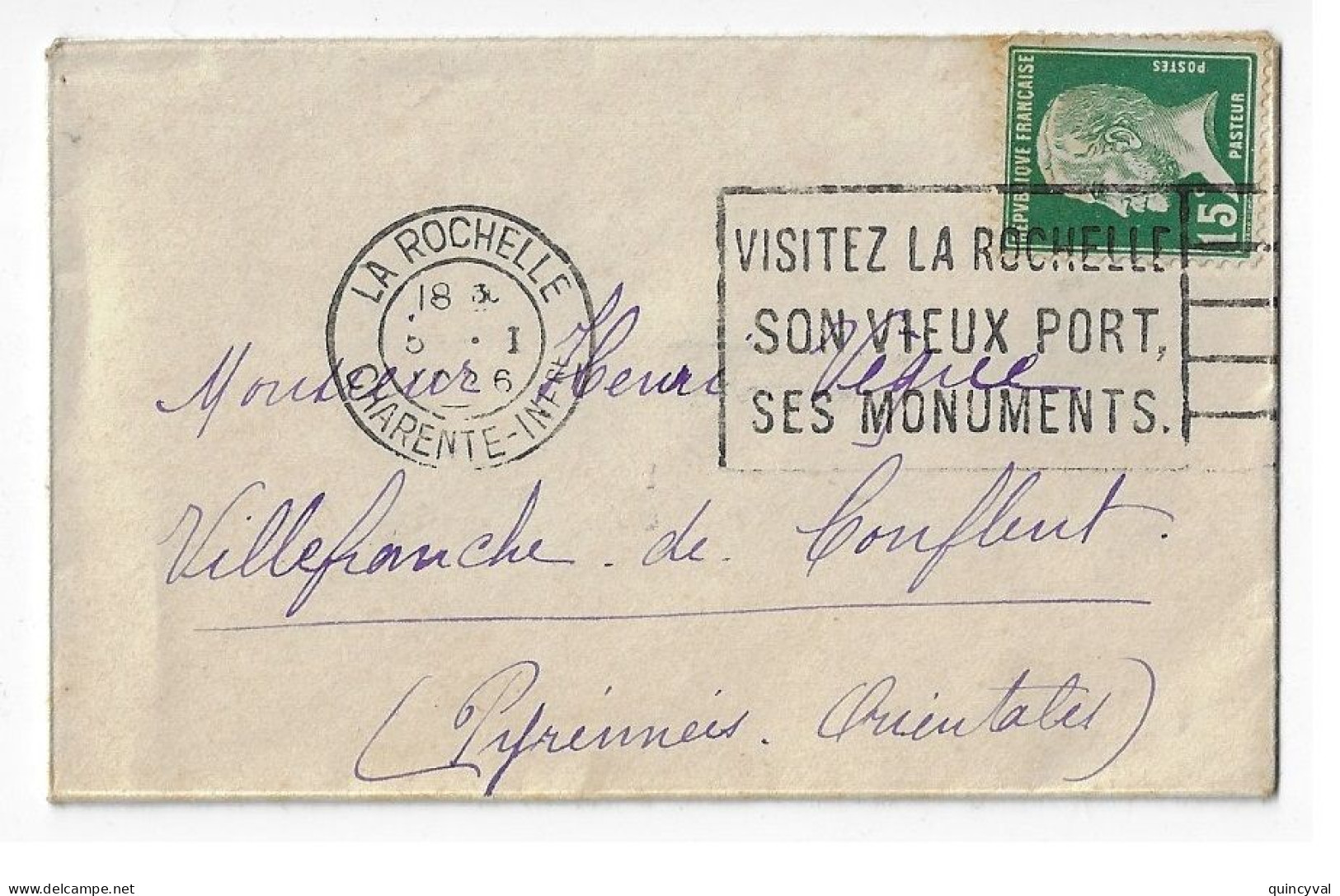 La Rochelle Enveloppe Carte De Visite Mignonnette 15 C Pasteur Yv 171 Ob Meca  5 1 1926 - Storia Postale