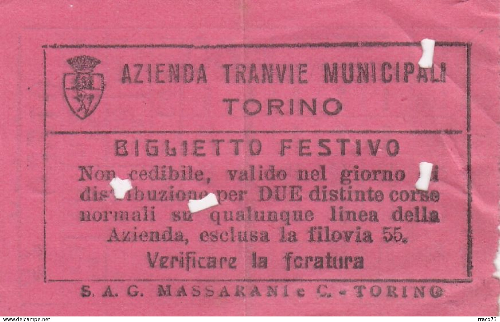 TORINO  /  Azienda Tranvie Municipali - Biglietto Festivo Da Cent. 80 _ Regno D'Italia - Europa