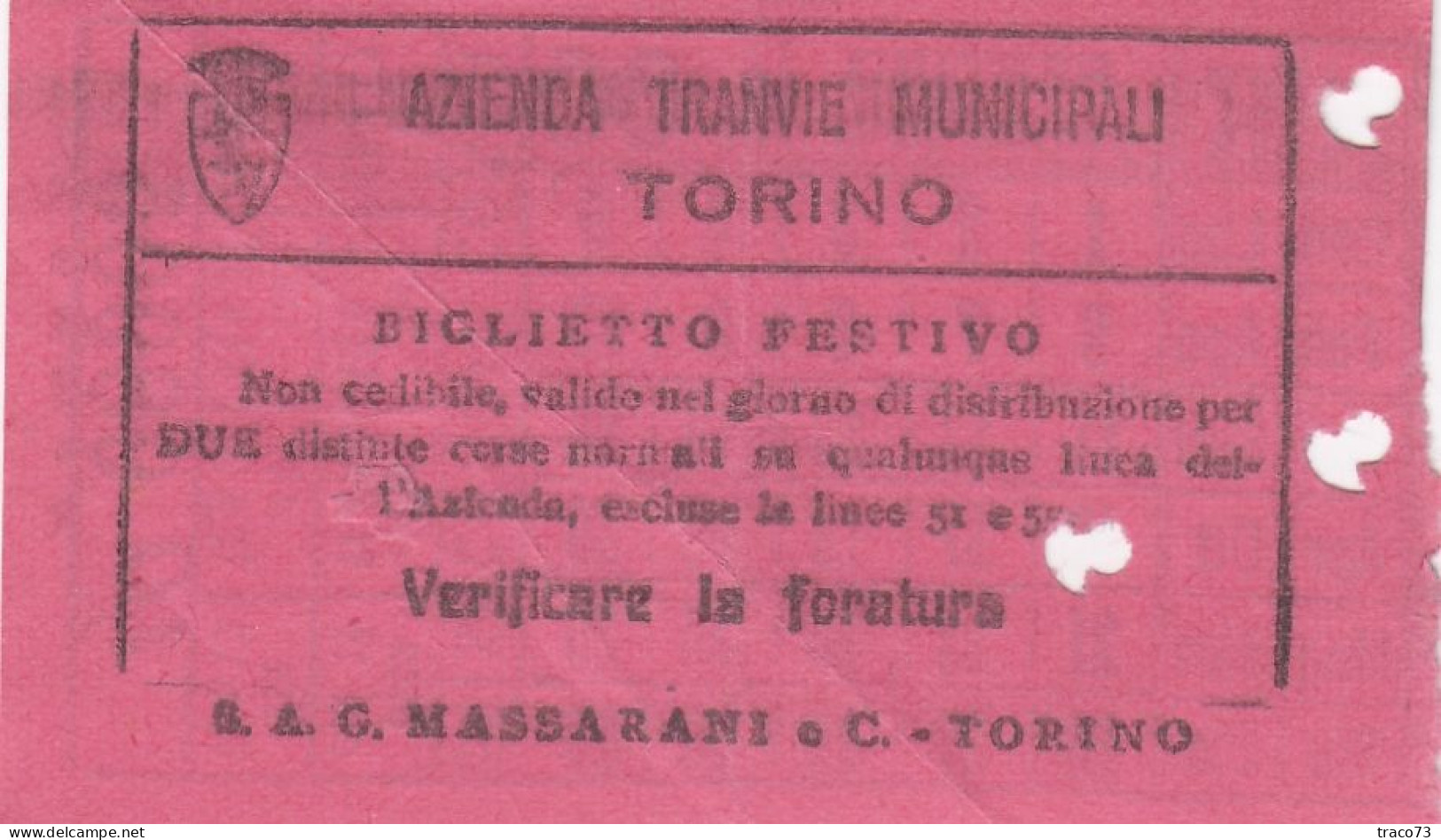 TORINO  /  Azienda Tranvie Municipali - Biglietto Festivo Da Cent. 80 _ Regno D'Italia - Europe