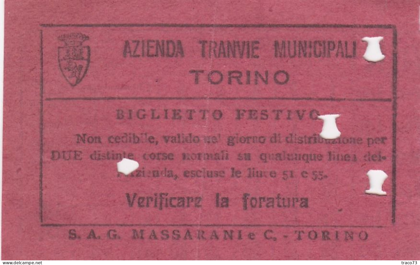 TORINO  /  Azienda Tranvie Municipali - Biglietto Festivo Da Cent. 80 _ Regno D'Italia - Europa