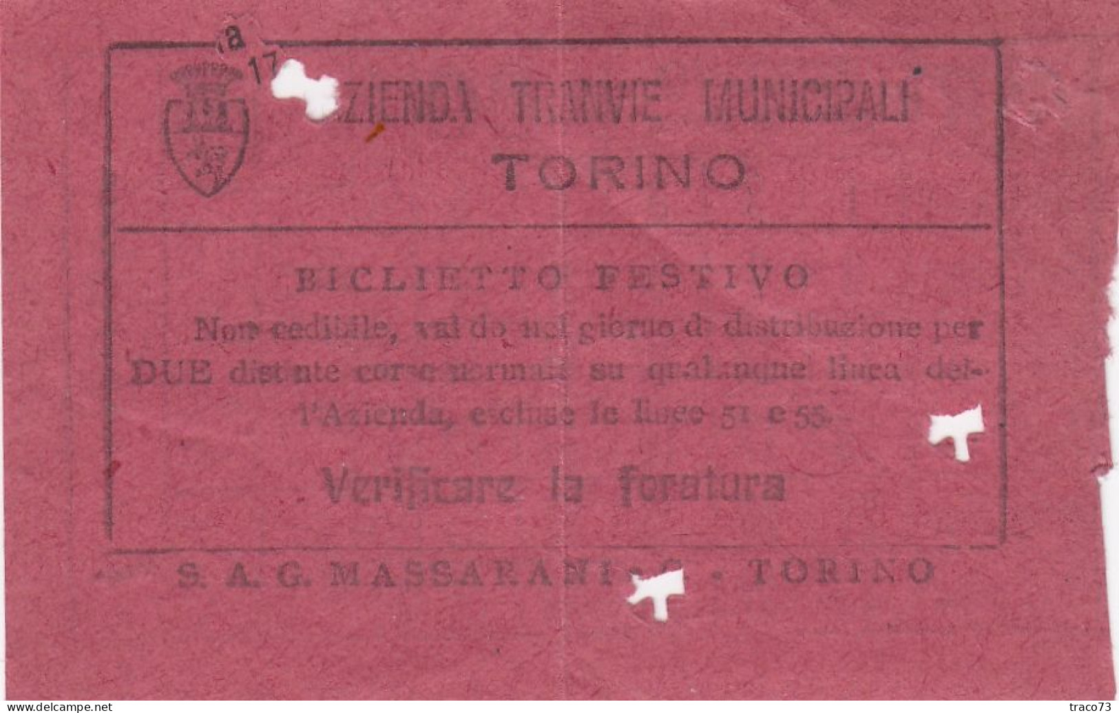 TORINO  /  Azienda Tranvie Municipali - Biglietto Festivo Da Cent. 80 _ Regno D'Italia - Europe