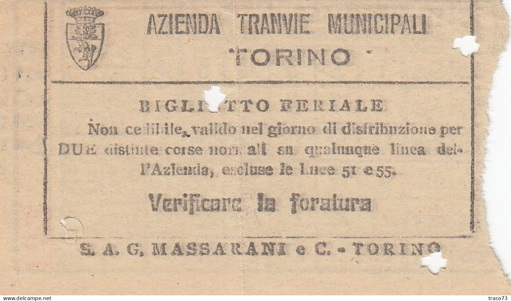 TORINO  /  Azienda Tranvie Municipali - Biglietto Feriale Da Cent. 80 _ Regno D'Italia - Europe