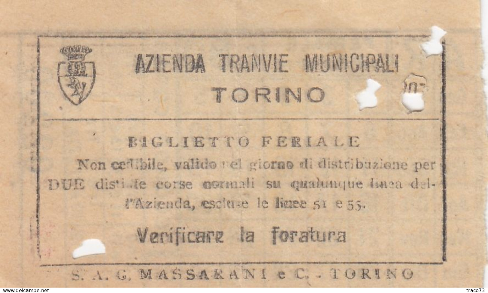 TORINO  /  Azienda Tranvie Municipali - Biglietto Feriale Da Cent. 80 _ Regno D'Italia - Europa