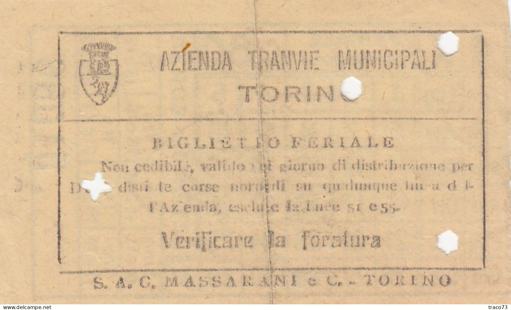 TORINO  /  Azienda Tranvie Municipali - Biglietto Feriale Da Cent. 80 _ Regno D'Italia - Europa