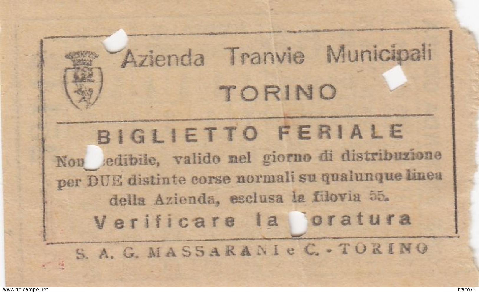 TORINO  /  Azienda Tranvie Municipali - Biglietto Feriale Da Cent. 80 _ Regno D'Italia - Europa