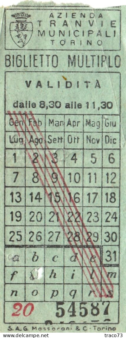TORINO  /  Azienda Tranvie Municipali - Biglietto Multiplo Barrato Rosso  _ Regno D'Italia - Europe