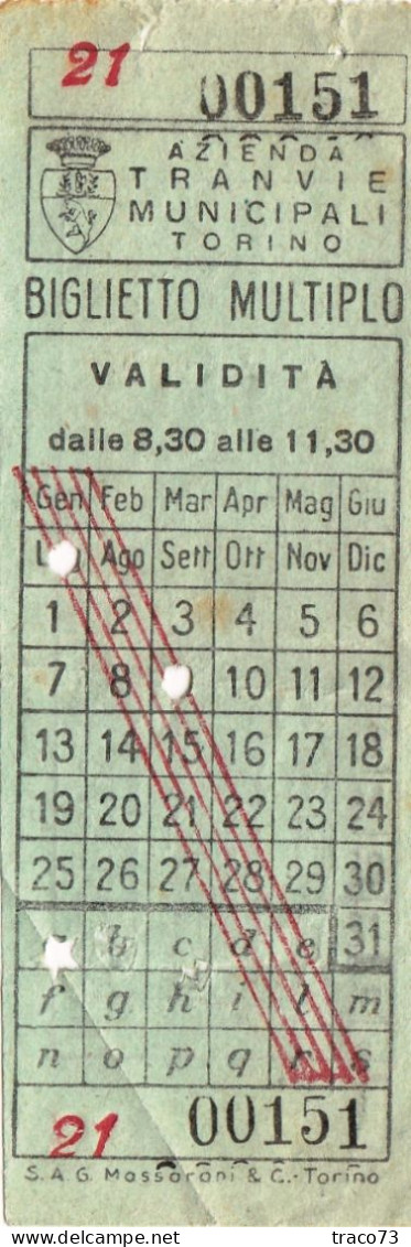 TORINO  /  Azienda Tranvie Municipali - Biglietto Multiplo Barrato Rosso  _ Regno D'Italia - Europa