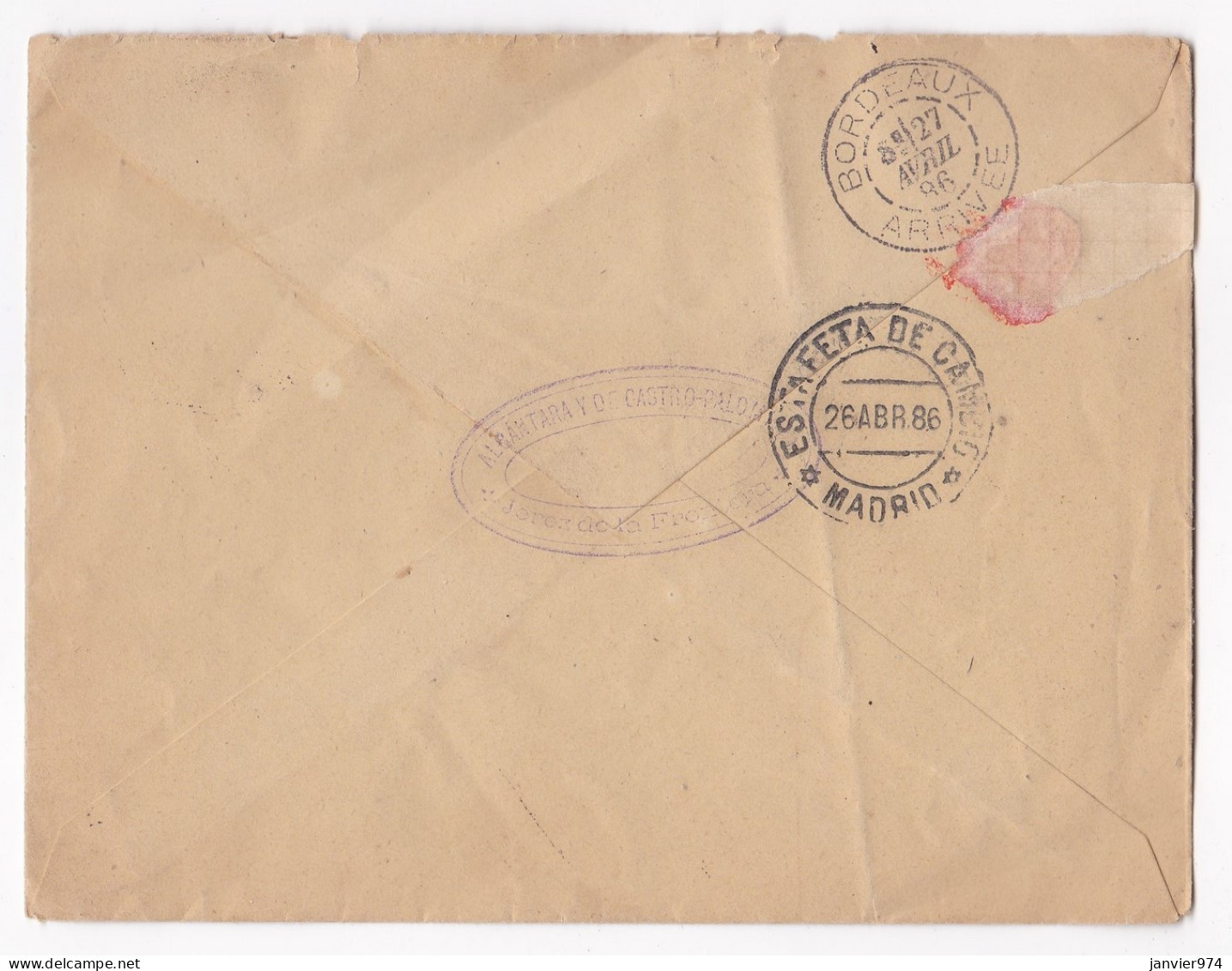 Enveloppe De 1886 Jerez De La Frontera , Cachet Jerez, Madrid , Bordeaux . Avec Timbre 25 Centimos Alphonse XII - Covers & Documents