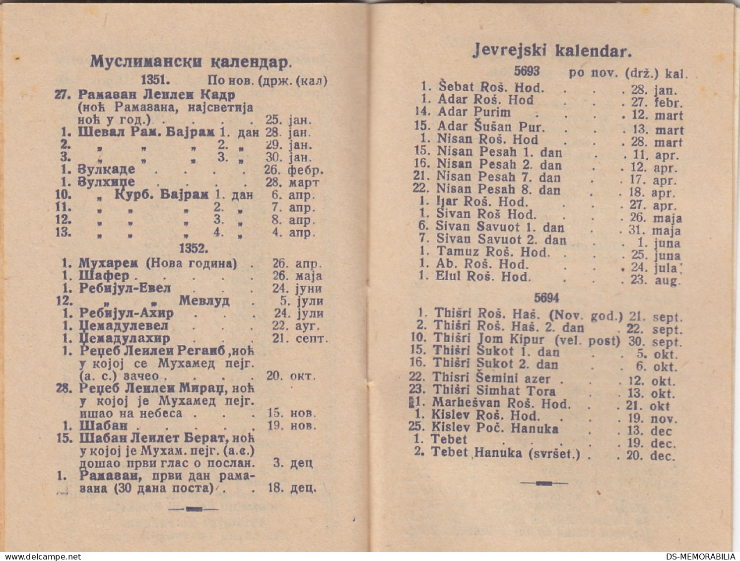 Catholic Orthodox Jewish Islamic Calendar Kingdom Of Yugoslavia 1933 Postman Mailman Facteur Briefträger - Petit Format : 1921-40