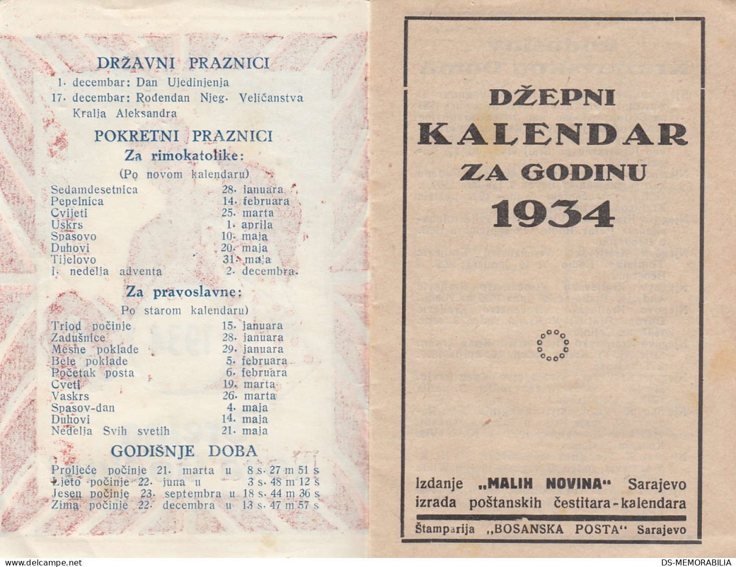 Catholic Orthodox Jewish Islamic Calendar Kingdom Of Yugoslavia 1934 Postman Mailman Facteur Briefträger - Petit Format : 1921-40