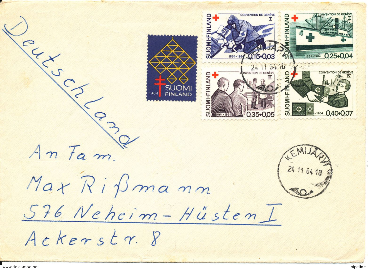 Finland Cover Sent To Germany Kemijärvi 24-11-1964 With Complete Set RED CROSS And A TB Seal - Storia Postale