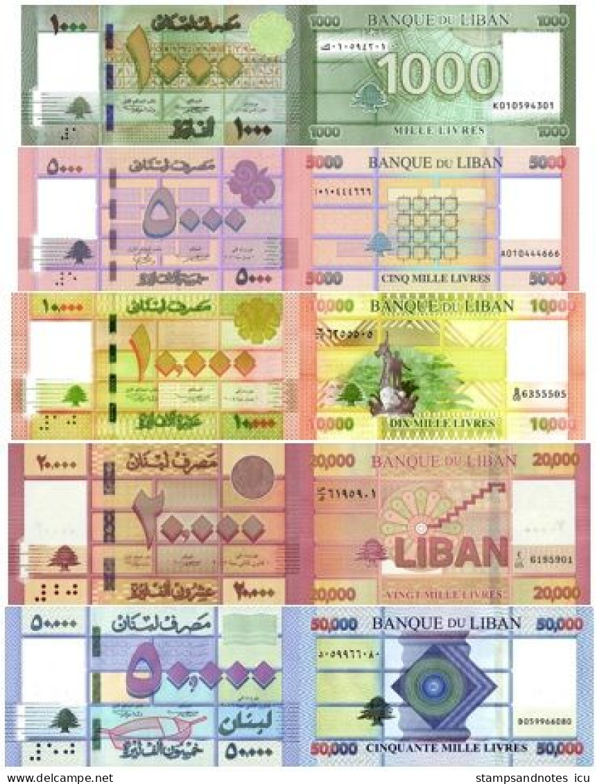 LEBANON 5 Banknotes 1000 5000 10000 20000 50000 Livres P 90 91 92  93 94 UNC Set, Matching Last Two Serials - Liban