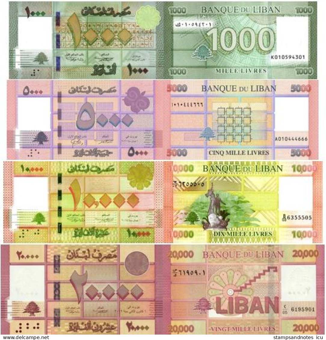 LEBANON 4 Banknotes 1000 5000 10000 20000 Livres P 90 91 92  93 UNC Set, Matching Last Two Serials - Liban