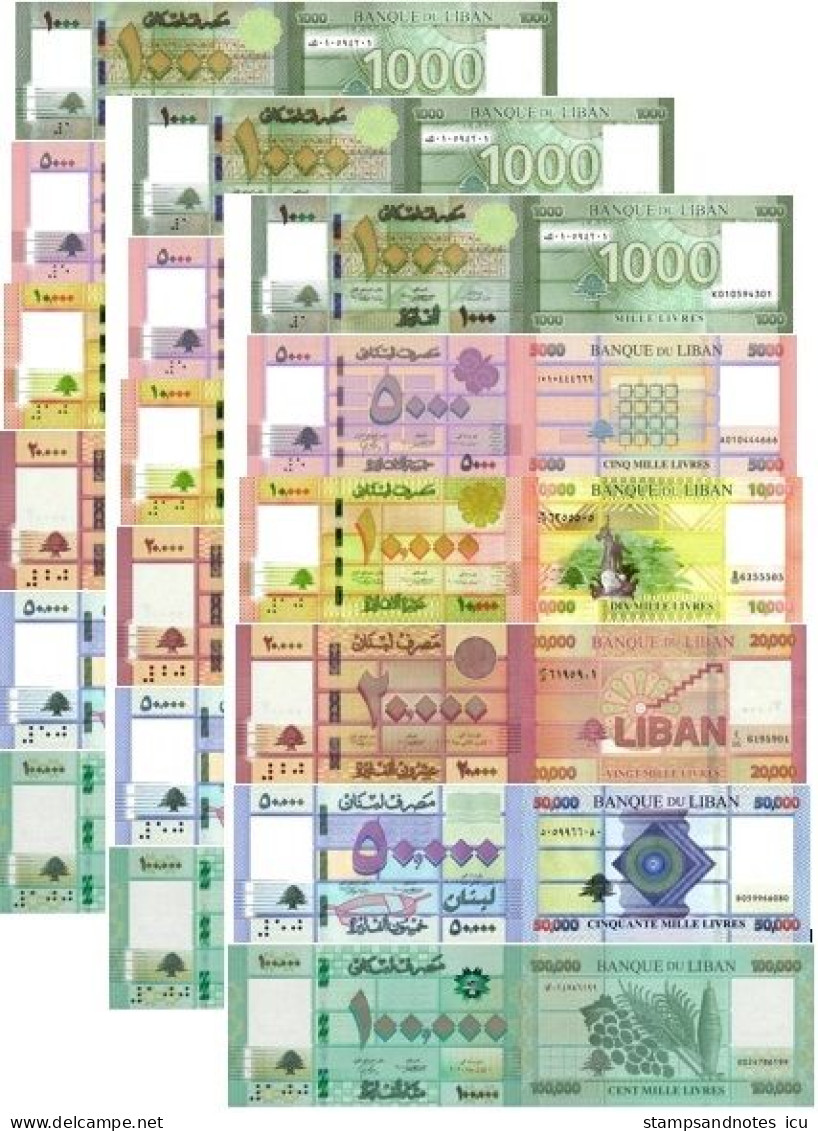 LEBANON 6 Banknotes X3 1000 5000 10000 20000 50000 100000 Livres P 90 91 92  93 94 95 UNC Set, Matching Last Two Serials - Liban