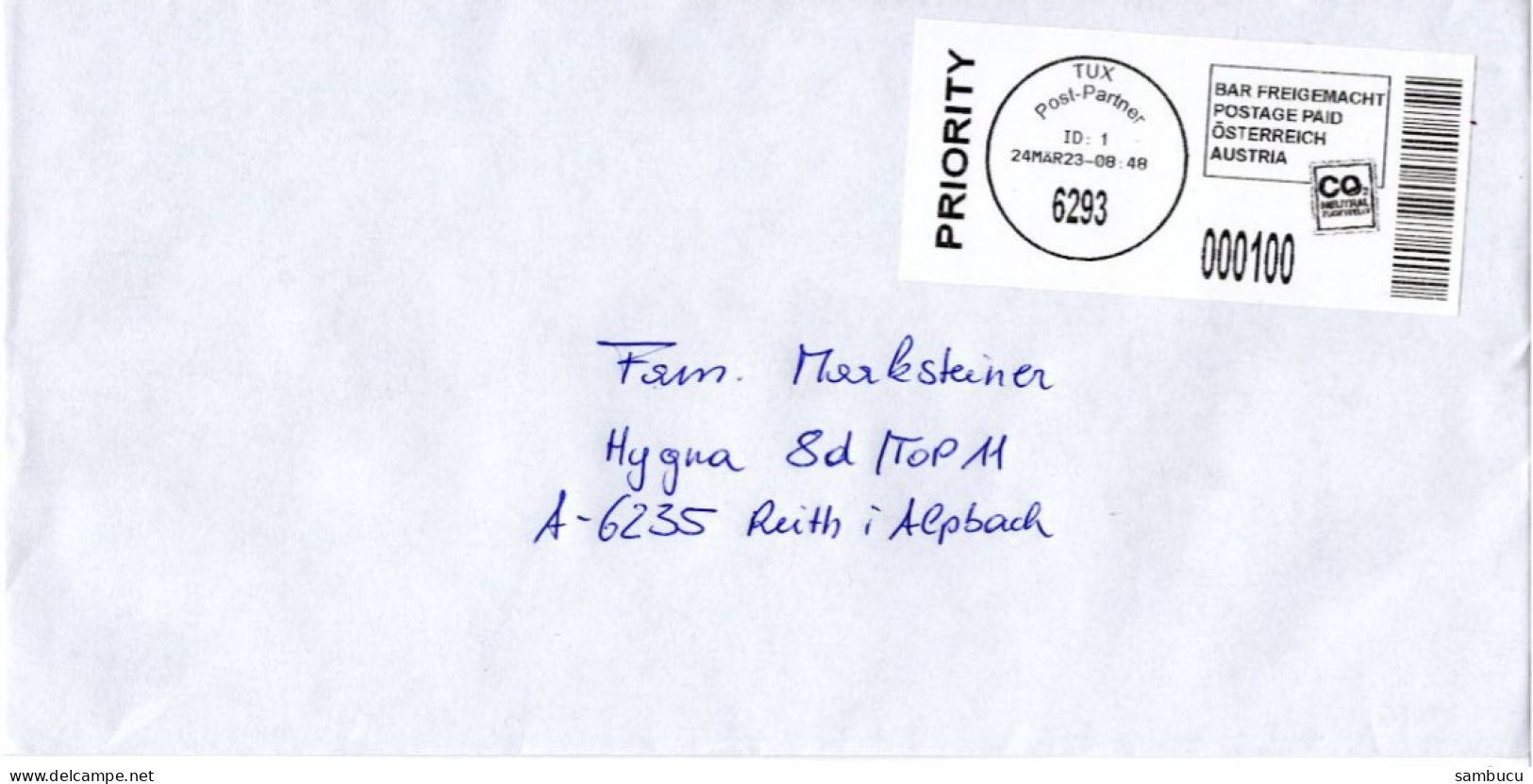Brief Von 6293 Tux Postpartner Mit 100 Cent Bar Frei 2023 - Lettres & Documents