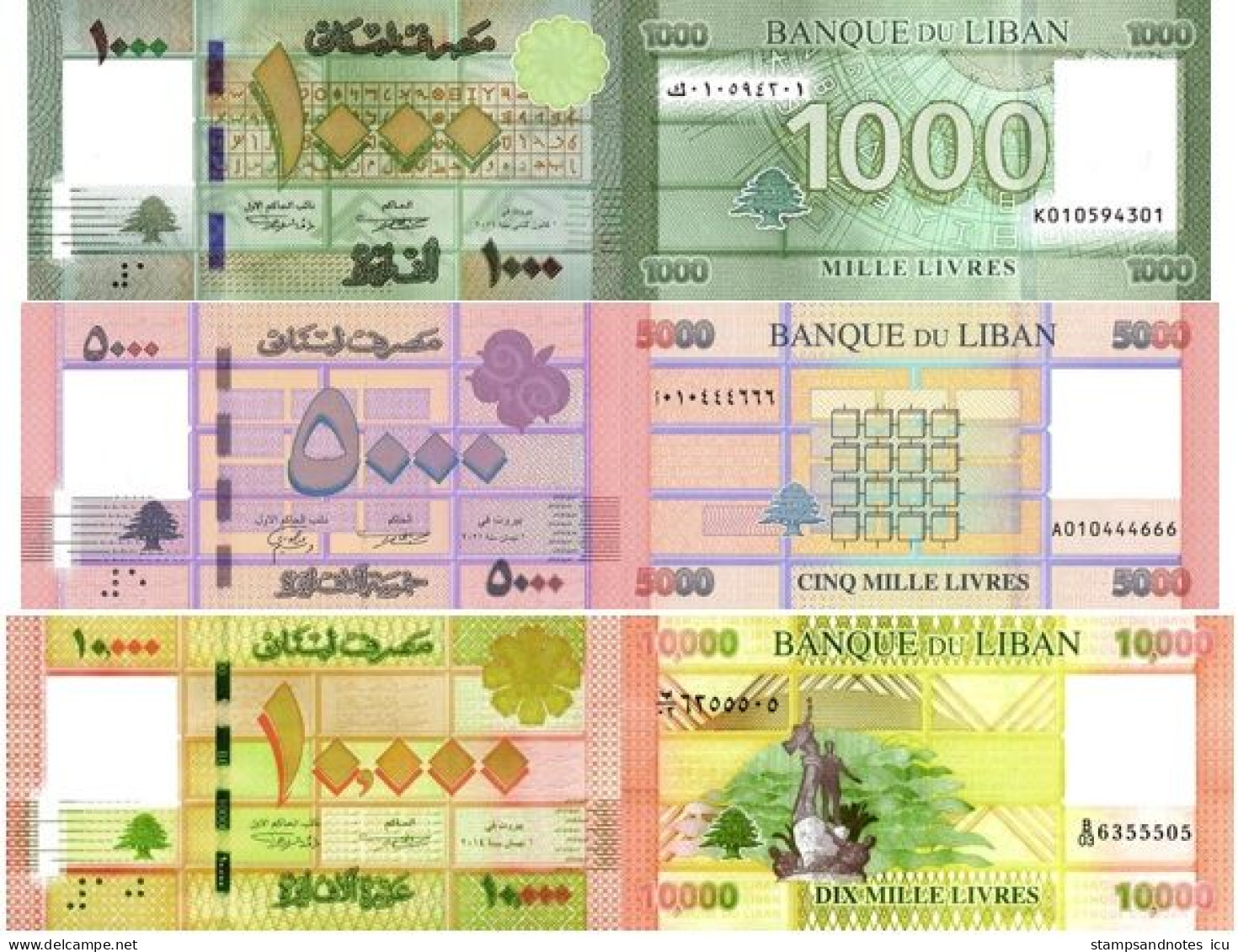 LEBANON 3 Banknotes 1000 5000 10000 Livres P 90 91 92 UNC Set, Matching Last Two Serials - Liban