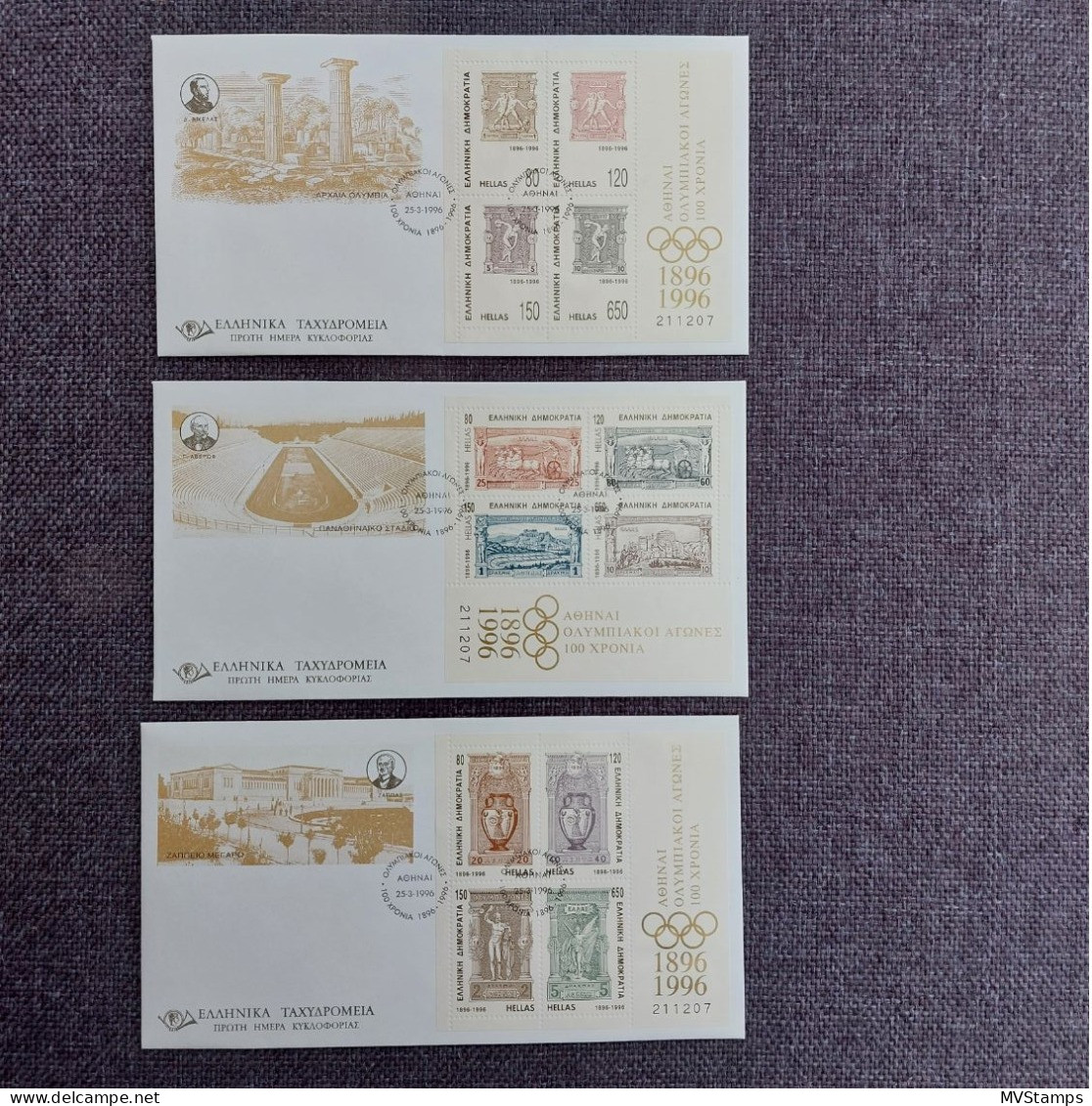 Griechenland 1996 Set Olympiablätter (Michel Bl.13/15) Auf Illustriertem FDC - Blocs-feuillets