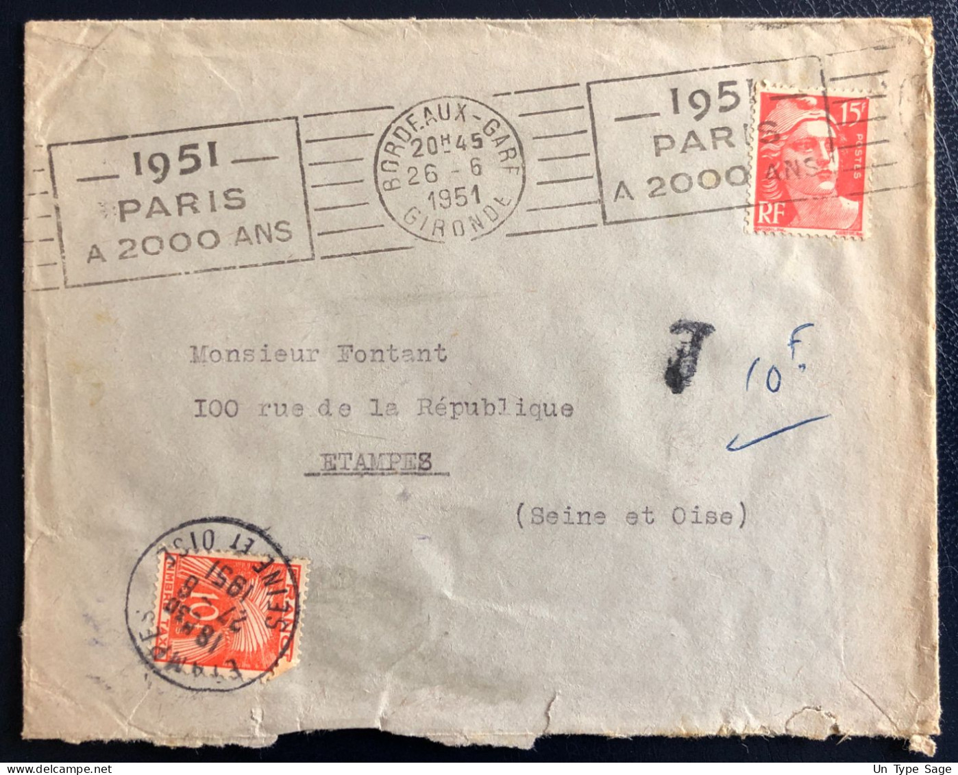 France Divers Sur Enveloppe Taxée De Bordeaux 26.6.1951 Pour Etampes - (B4739) - 1859-1959 Storia Postale