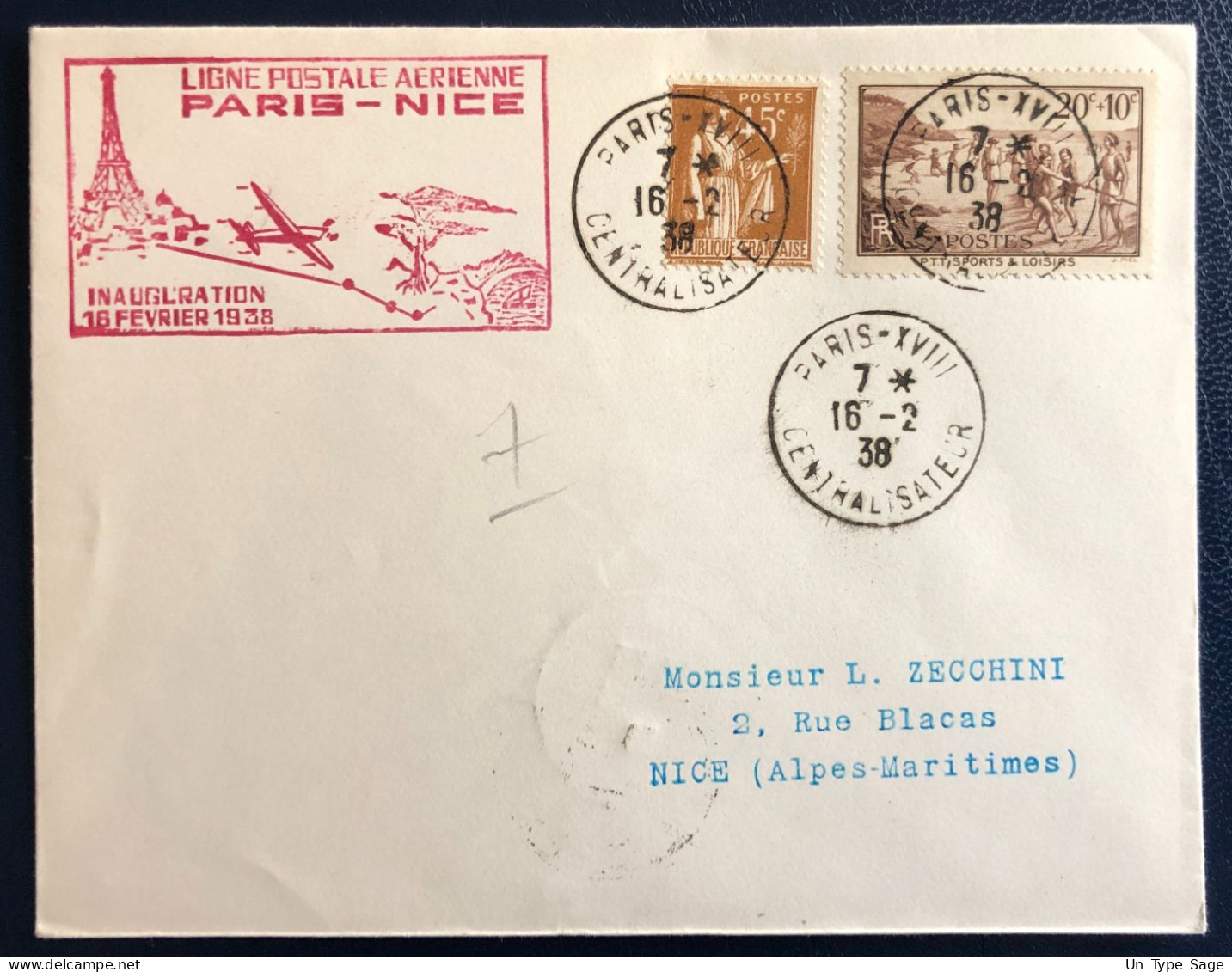 France, Divers Sur Enveloppe, Inauguration Paris-Nice 16.2.1938 - (B4742) - 1927-1959 Covers & Documents