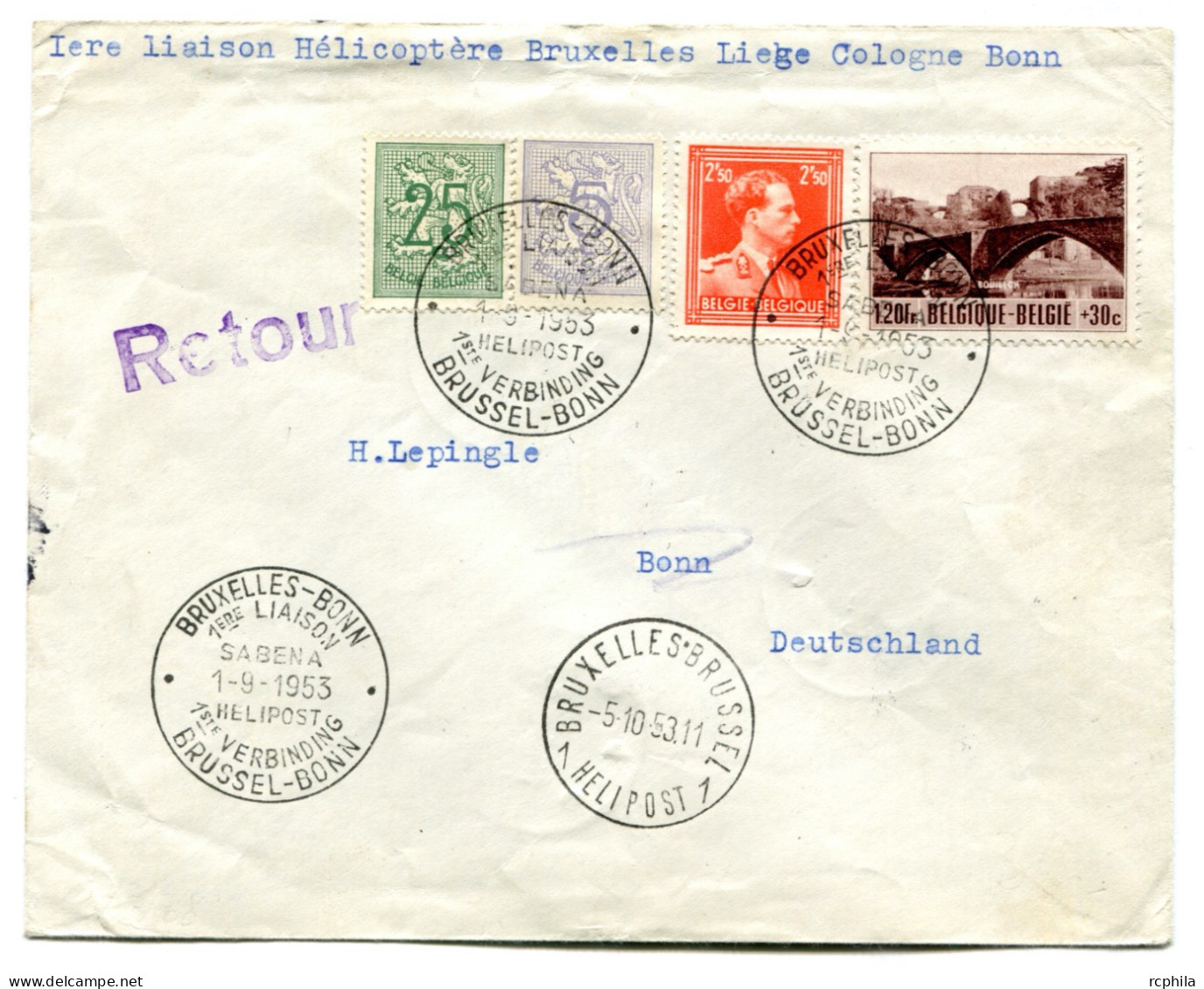 RC 24905 BELGIQUE 1953 1ere LIAISON HELICOPTERE BRUXELLES LIEGE COLOGNE BONN LETTRE POUR L' ALLEMAGNE - Brieven En Documenten